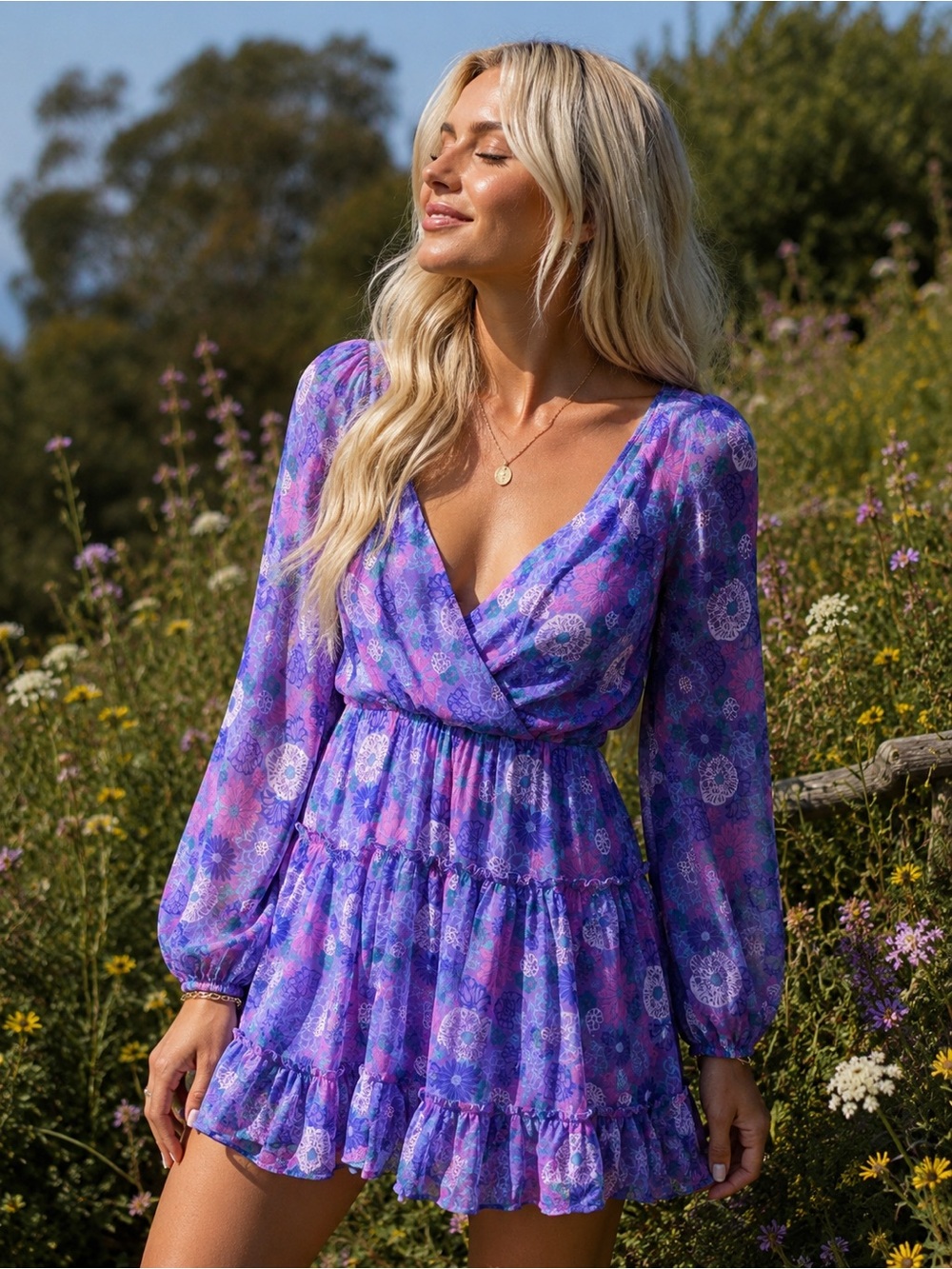 Peach Love California Lavender-Pink Floral Wrap Mini Dress